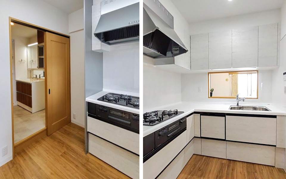 食洗機付きＬ型キッチンに取り替え、ホワイト色の木目が美しい扉柄です。