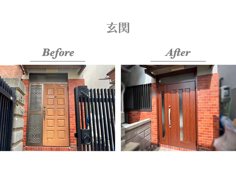 【Before/After（玄関）】ドア枠を被せるだけのカバー工法は1日で工事が完了。外壁のタイルとマッチした素敵な玄関になりました