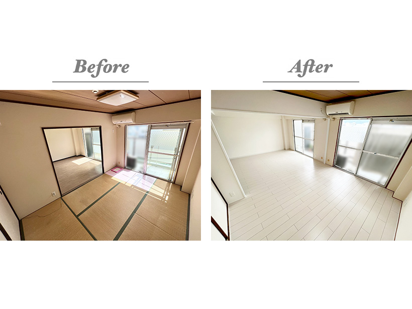 【Before/After】旧和室視点です。視界が広くなり、リビングの様子がよくわかるようになりました