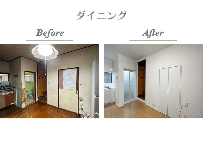 【Before/After（ダイニング）】収納扉やドア枠も新しく取替え、ホワイト色で統一